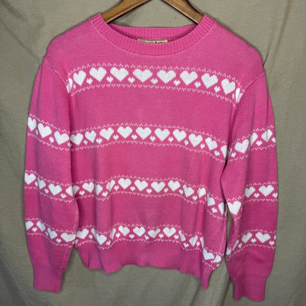 Vintage Winona Knits Womens Pink Heart Fair Isle Cotton Sweater Made in USA M